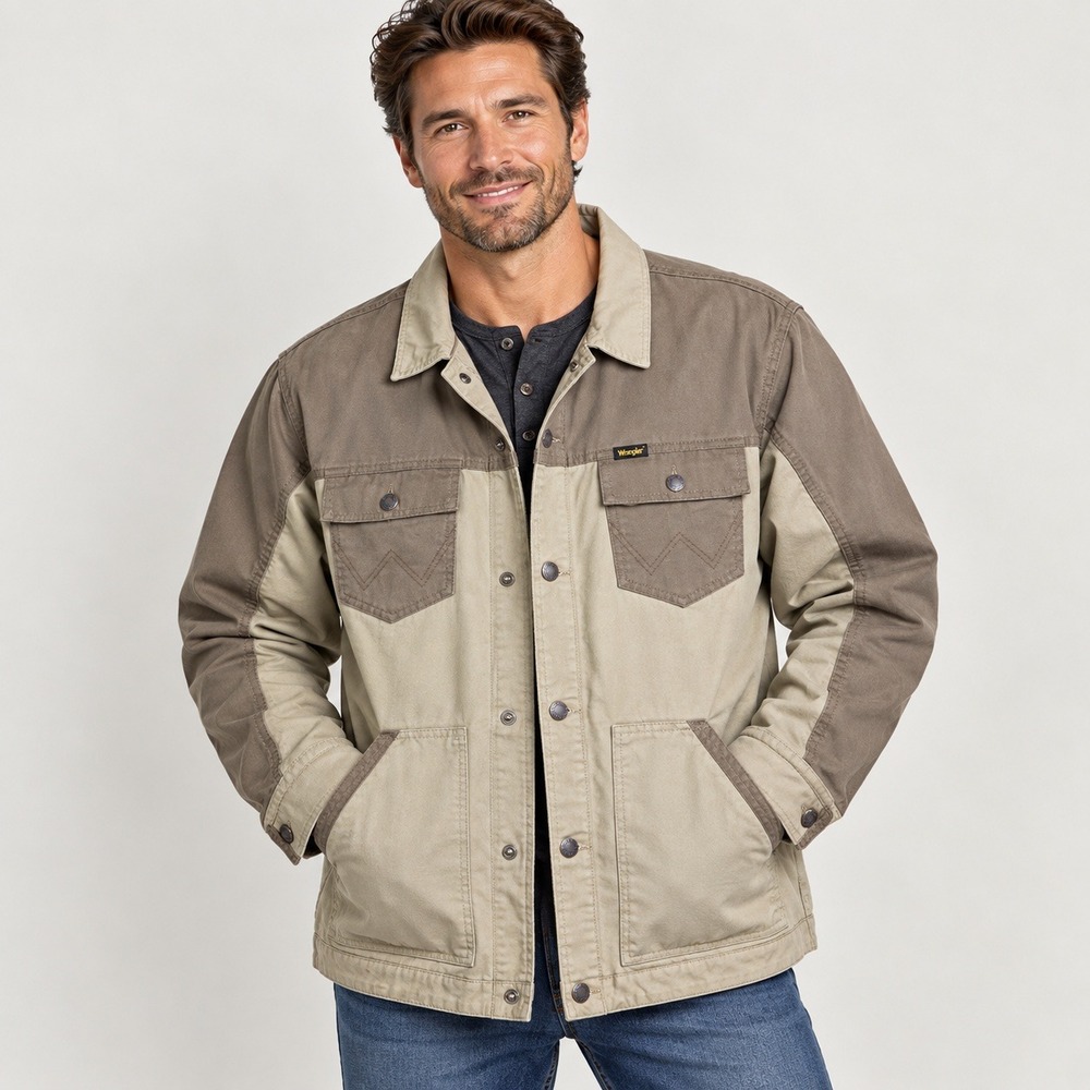 Wrangler Mens XXL Mixed Canvas Chore Jacket Tan Western Workwear Rugged Cowboy